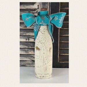 Hand Painted Wine Bottle-Cream with Turquoise Colored Ribbon